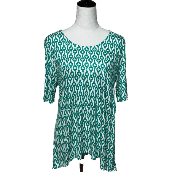 Chicos Top Womens Large 2 Green White Shark Bite Hem Modal Scoop Neck Tunic Tee - Picture 1 of 9